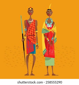 Maasai couple in traditional clothing. Vector illustration