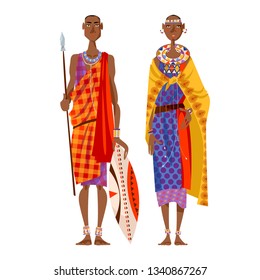 Maasai couple (warrior and girl) in traditional clothing. Africa, Kenya. Vector illustration