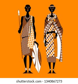 Maasai couple (warrior and girl) in traditional clothing. Africa, Kenya. Vector illustration