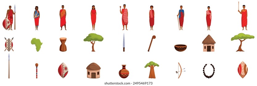 Maasai icons set. African tribe members wearing traditional clothes standing with spears and shields, set of cultural objects and elements