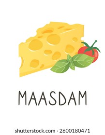 Maasdam cheese with basil and tomato. Organic farm food. Design element, cartoon flat illustration for logo, poster, menu. Isolated on white background.