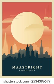 Cartaz de brutalismo da cidade de Maastricht com horizonte abstrato, paisagem urbana ilustração vetorial retro. Países Baixos, Holanda guia de viagem capa, brochura, folheto, folheto, modelo de apresentação de negócios imagem