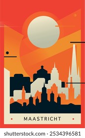 Cartaz de brutalismo da cidade de Maastricht com horizonte abstrato, paisagem urbana ilustração vetorial retro. Países Baixos, Holanda guia de viagem capa, brochura, folheto, folheto, modelo de apresentação de negócios imagem