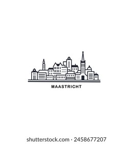 Maastricht cityscape skyline city panorama vector flat modern logo icon. Netherlands, Holland town emblem idea with landmarks and building silhouettes. Isolated thin line graphic