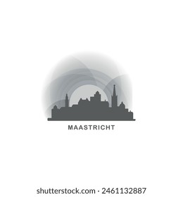 Maastricht cityscape skyline city panorama vector flat logo, modern icon. Holland, Netherlands town landmarks and building silhouettes, isolated clipart at sunset, sunrise, night grey