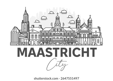 Maastricht, Netherlands architecture line skyline illustration with shadows. Linear vector cityscape with famous landmarks, city sights, design icons.