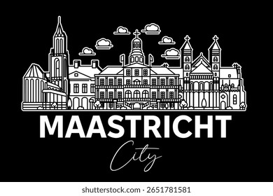 Maastricht, Netherlands architecture line skyline illustration with shadows. Linear vector cityscape with famous landmarks, city sights, design icons.