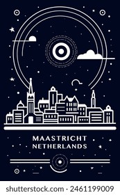 Maastricht, Netherlands city creative poster with abstract thin line cityscape and skyline for Holland. Chalkboard style vector black and white illustration, vertical graphic