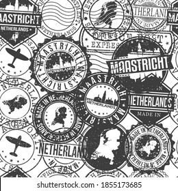 Maastricht, Netherlands Pattern of Stamps. Travel Passport Stamps. Made In Product. Design Seals in Old Style Insignia Seamless. Icon Clip Art Vector Collection.