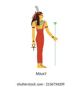 Maat, Antigua diosa egipcia. Mitología Mujer egipcia dios de la verdad, armonía, orden. Carácter religioso antiguo, deidad histórica de la ley, justicia. Ilustración vectorial plana aislada en fondo blanco