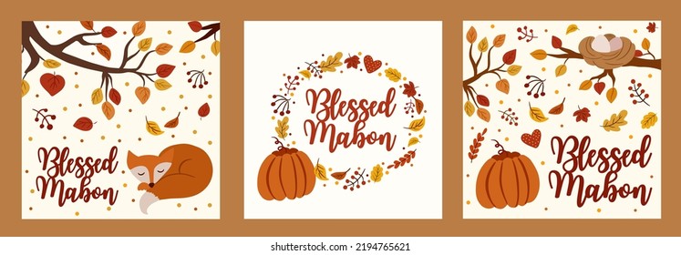 Mabon Herbst Grußkarten Set. Vektorgrafik