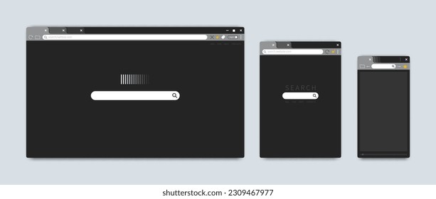 Ventanas del navegador Mac. Interfaz web de pantalla para Apple o Chrome. Diseño oscuro. Dirección URL y barra de pestañas de búsqueda. Marco vacío. Botón de opción Menú. Equipo vector o conjunto de plantillas de interfaz de usuario móvil
