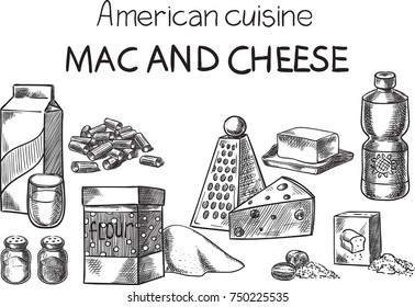 
Mac and Cheese. Creative conceptual vector. Sketch hand drawn American food recipe illustration, engraving, ink, line art, vector.