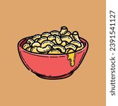 mac and cheese illustration design vector clipart in a red bowl, comfort food, breakfast, lunch, dinner, western food