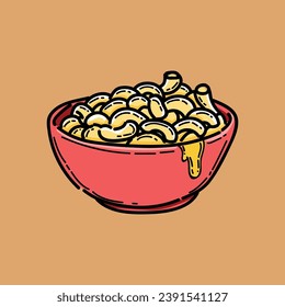 mac and cheese illustration design vector clipart in a red bowl, comfort food, breakfast, lunch, dinner, western food