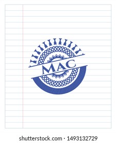 Mac emblem with pen effect. Blue ink. Vector Illustration. Detailed.