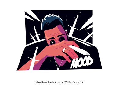 Mac illustrator character with bad mood, vector illustration. Swords sticking out of back, bad mood concept