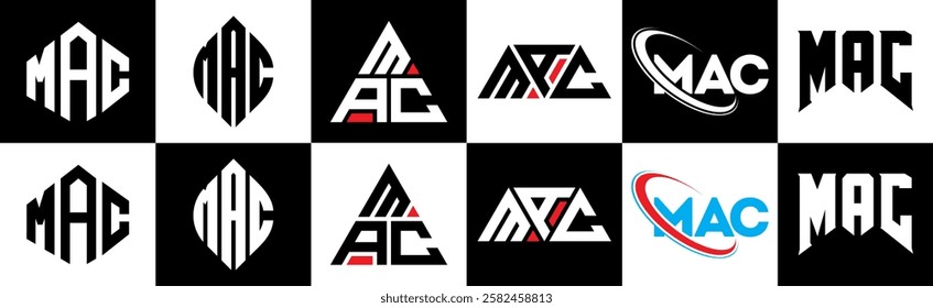 MAC letter logo design in six style. MAC polygon, circle, triangle, hexagon, flat and simple style with black and white color variation letter logo set in one artboard. MAC minimalist and classic logo