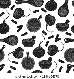 Maca. Fetus. Black silhouette on white background. Powder, spoon, pill.