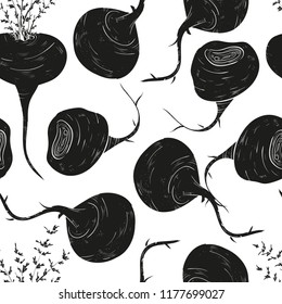 Maca. A plant, a root. Black silhouette on white background. Texture, seamless.