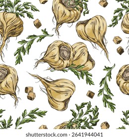 Maca root in brown peel with leaves sketch. Seamless pattern design. Hand drawn Maca Peruvian tuber superfood. Organic seasoning, condiment ingredient. Vector color illustration