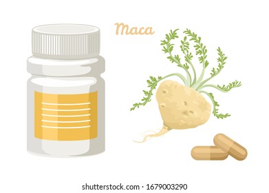 Maca Root capsules isolated on white background. Bottle of pills. Vector illustration of dietary supplements in cartoon flat style. Superfood.