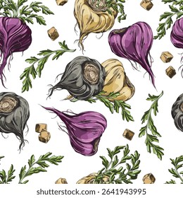 Maca root with leaves sketch. Seamless pattern design. Hand drawn Maca Peruvian tuber vegetable. Superfood. Organic seasoning, condiment ingredient. Vector color illustration