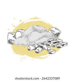 Maca root products, tablets, capsules and powder supplement vector ink sketch composition. Hand drawn engraved Maca Peruvian tuber super food. Organic seasoning, condiment ingredient