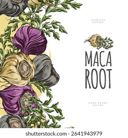 Maca roots with leaves sketch. Seamless border label design on yellow watercolor stain. Hand drawn Maca Peruvian tuber superfood. Organic seasoning, condiment ingredient. Vector color illustration