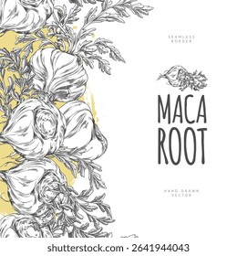 Maca roots with leaves vector sketch. Seamless border label design ink style on yellow watercolor stain. Hand drawn engraved Maca Peruvian tuber superfood. Organic seasoning, condiment ingredient