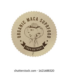 Maca superfood eco label. Vector illustration in retro style