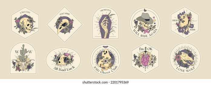 Macabre badges design set. Animal, birds and human skulls, skeleton hand, coffin, pierced heart. Old school tattoo. T-shirt print. Halloween templates.