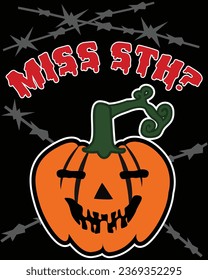 Macabre Pumpkin Face with Barbed Wire and Bloody 'Miss Something?' Text Halloween T-Shirt Design