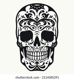 Macabre skeleton skull with drawings, symbol of mexican celebration, day of dead, vector illustration