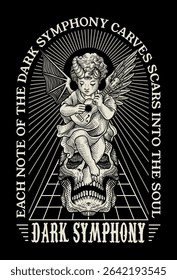 A macabre yet artistic vector illustration featuring a three-eyed cherub with contrasting wings playing an instrument atop a detailed skull, framed by "Dark Symphony" text.
