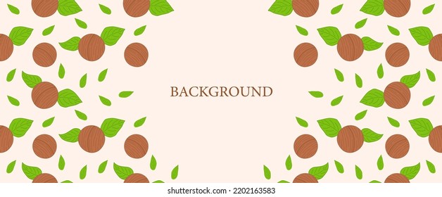 Macadamia background design with leaves. hand drawn Macadamia frame with copy space. Queensland nut background. Flat colored illustration. vector eps10