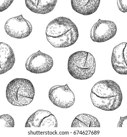 Macadamia background. Seamless pattern design. Hand drawn vintage nut collection.