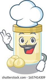Macadamia nut butter cartoon character working as a chef and wearing white hat