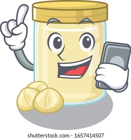 Macadamia nut butter Cartoon design style speaking on a phone