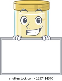 Macadamia nut butter cartoon design concept grinning with board