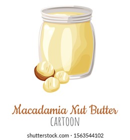 Macadamia Nut Butter Spread Vector Illustration, Cartoon Isolated Colorful Nut Butter In A Jar.