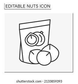  Macadamia nut line icon. Delicious snack for balanced nutrition in paper packing. Nuts concept. Isolated vector illustration. Editable stroke