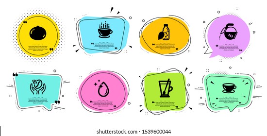Macadamia nut, Water drop and Tea mug line icons set. Chat bubbles with quotes. Coffee, Water bottle and Coffee cup signs. Espresso symbol. Vegetarian food, Crystal aqua. Food and drink set. Vector