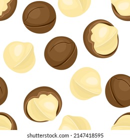 Macadamia-Nüsse, Hintergrund. Gesunde Lebensmittel Vektor nahtlose Muster. Cartoon-Flachbild-Illustration.