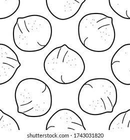 Macadamia nuts hand drawn vector seamless pattern. Outline monochrome texture made in doodle style.Fruit 
background for package, merch, wallpaper, menu and other design.