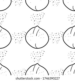 Macadamia nuts hand drawn vector seamless pattern. Outline monochrome texture made in doodle style.Fruit 
background for package, merch, wallpaper, menu and other design.