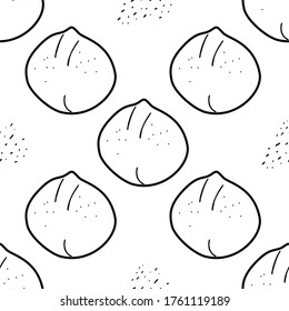 Macadamia nuts hand drawn vector seamless pattern. Outline monochrome texture made in doodle style.Fruit 
background for package, merch, wallpaper, menu and other design.