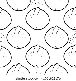 Macadamia nuts hand drawn vector seamless pattern. Outline monochrome texture made in doodle style.Fruit 
background for package, merch, wallpaper, menu and other design.