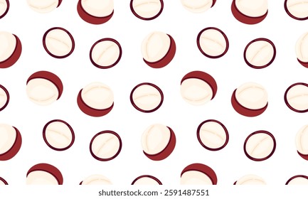 Macadamia nuts seamless pattern. Nuts and seeds background design. Vegan food ingredients. Vector illustration