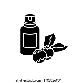 Macadamia oil black glyph icon. Organic vegan essence for haircare. Australian nuts extract. Natural cosmetic product for hair treatment. Silhouette symbol on white space. Vector isolated illustration